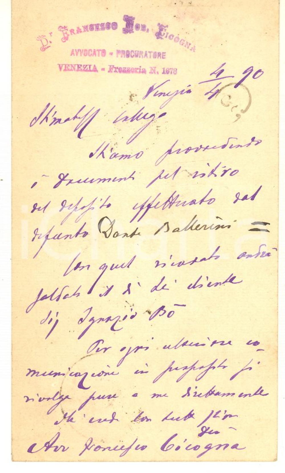 Autografo originale 1890 VENEZIA Nobile Francesco CICOGNA avvocato  Cartolina AUTOGRAFA 1