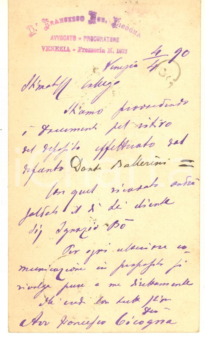 Autografo originale 1890 VENEZIA Nobile Francesco CICOGNA avvocato  Cartolina AUTOGRAFA 1