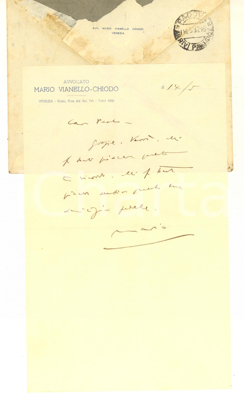 Autografo originale 1932 VENEZIA Lettera avv. Mario VIANELLOCHIODO per ringraziamento  AUTOGRAFO 1