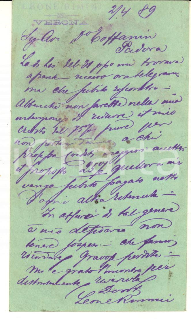 Autografo originale 1889 VERONA Cartolina Leone RIMINI per riduzione credito  Autografa 1