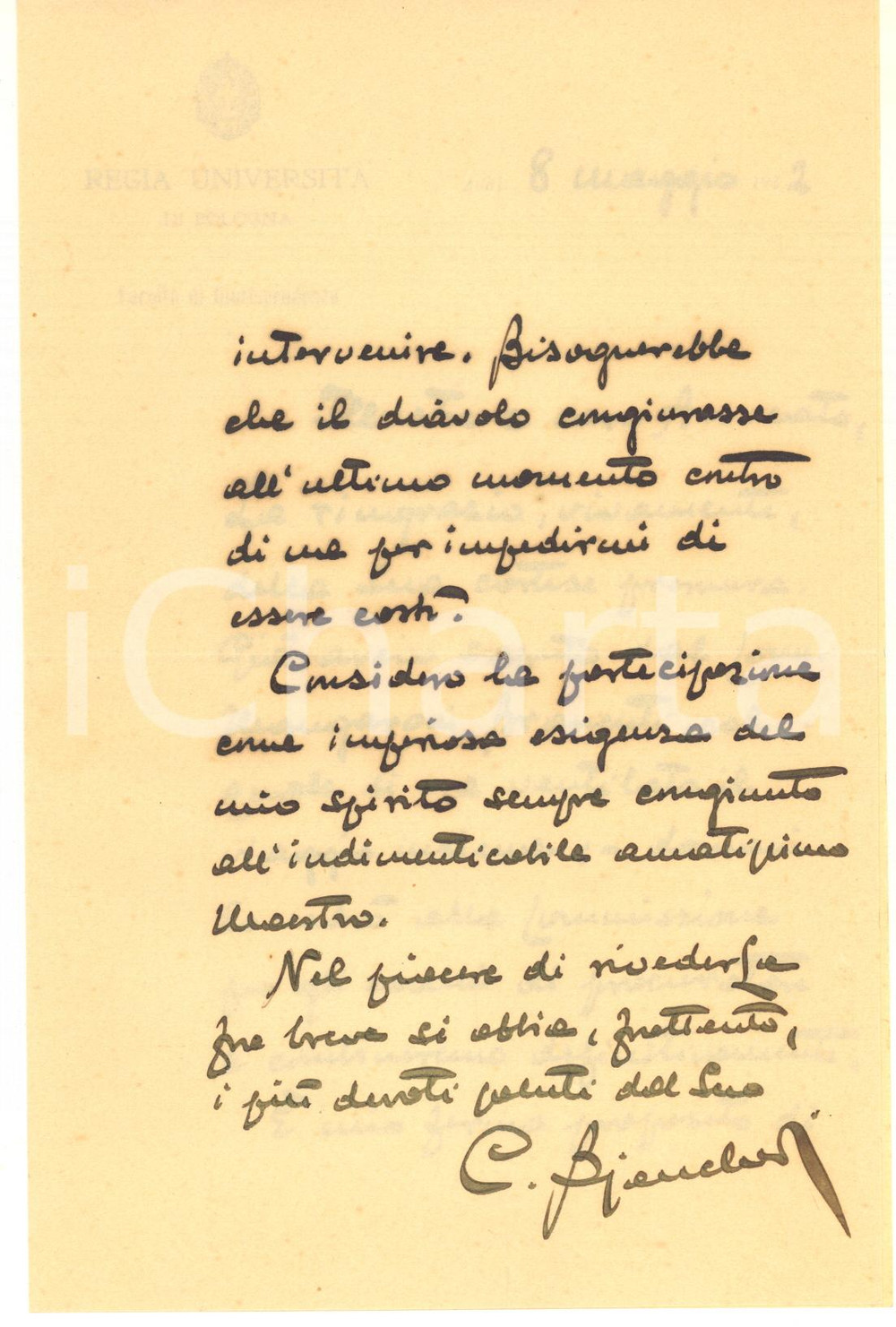 Autografo originale 1932 BOLOGNA Lettera Camillo BIANCHEDI per conferma invito  AUTOGRAFO 1