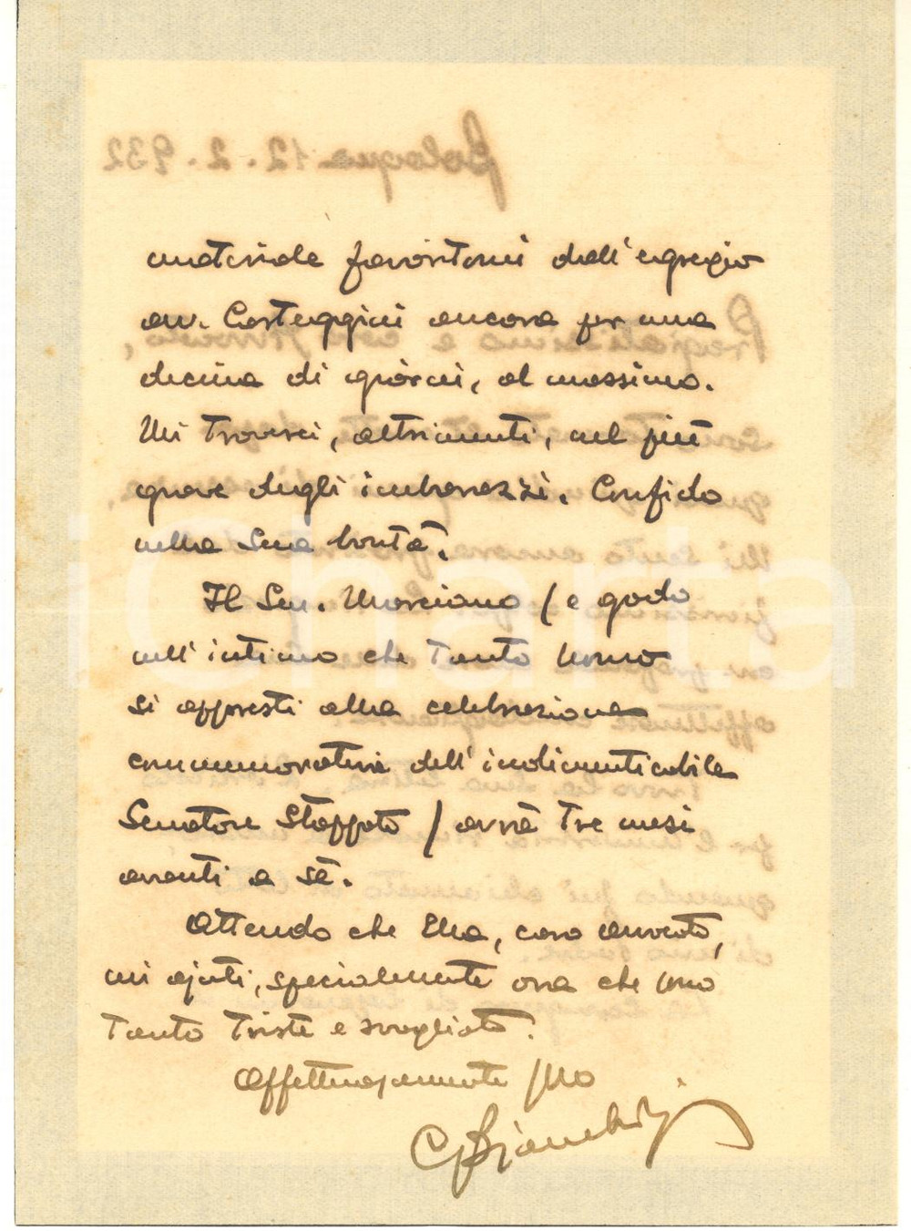 Autografo originale 1932 BOLOGNA Lettera Camillo BIANCHEDI per commemorazione  AUTOGRAFO 1
