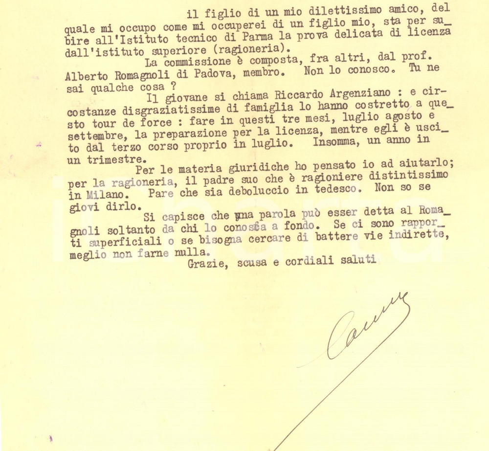 Autografo originale 1932 PARMA Lettera Aurelio CANDIAN a favore di un amico  Autografo 1
