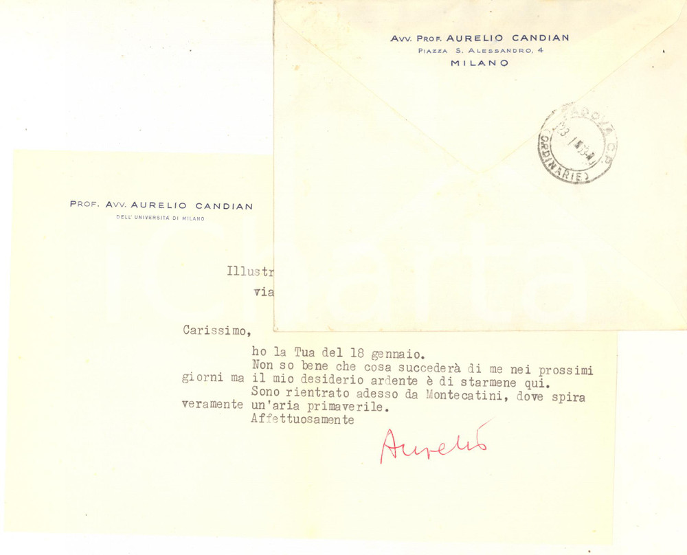 Autografo originale 1963 MILANO Lettera Aurelio CANDIAN al rientro da Montecatini  Autografo 1