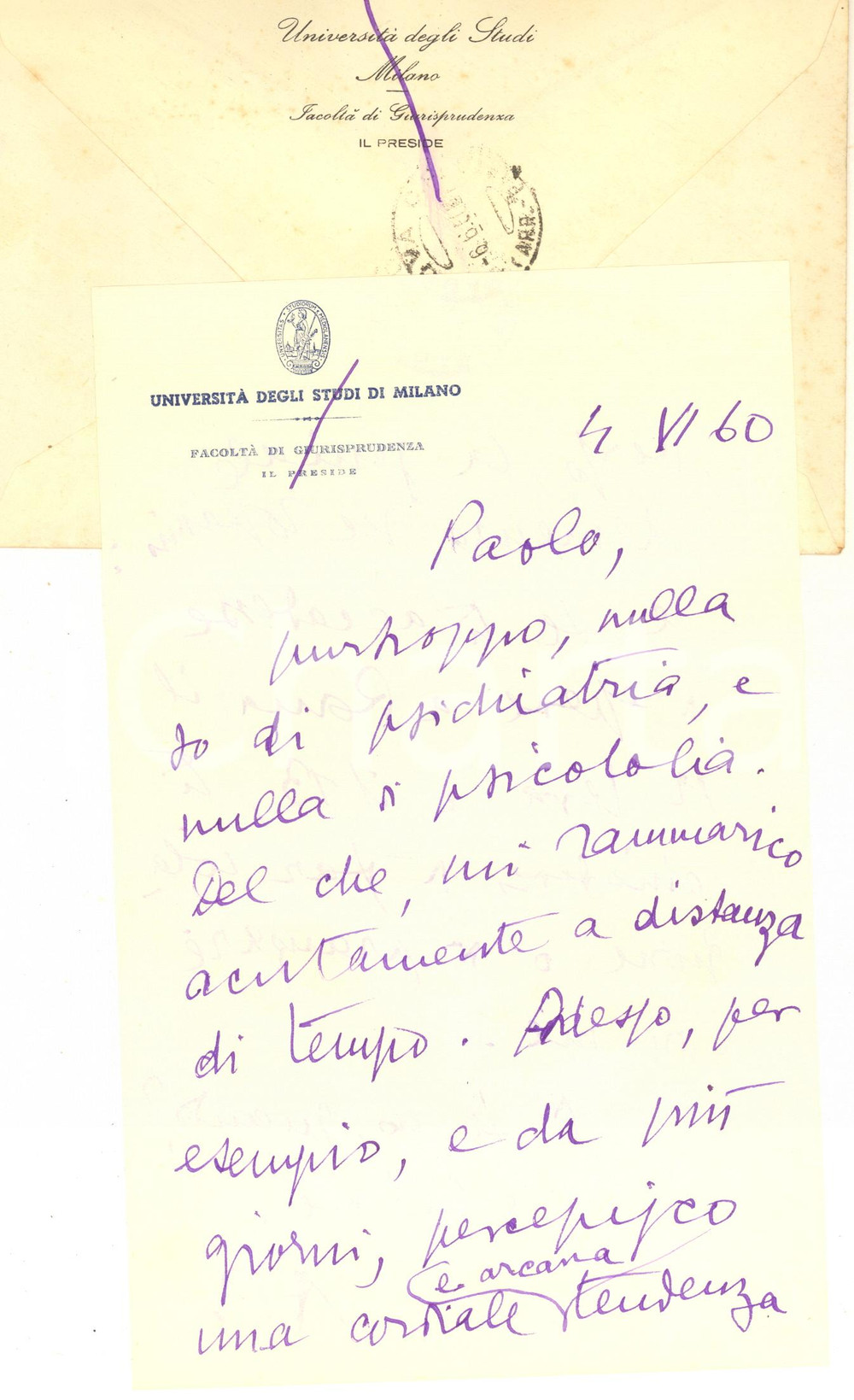 Autografo originale 1960 Università di MILANO Lettera Aurelio CANDIAN per appuntamento  Autografo 1