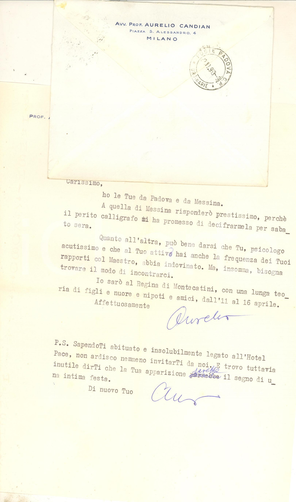 Autografo originale 1963 MILANO Lettera Aurelio CANDIAN a un collega e amico  Autografo 1