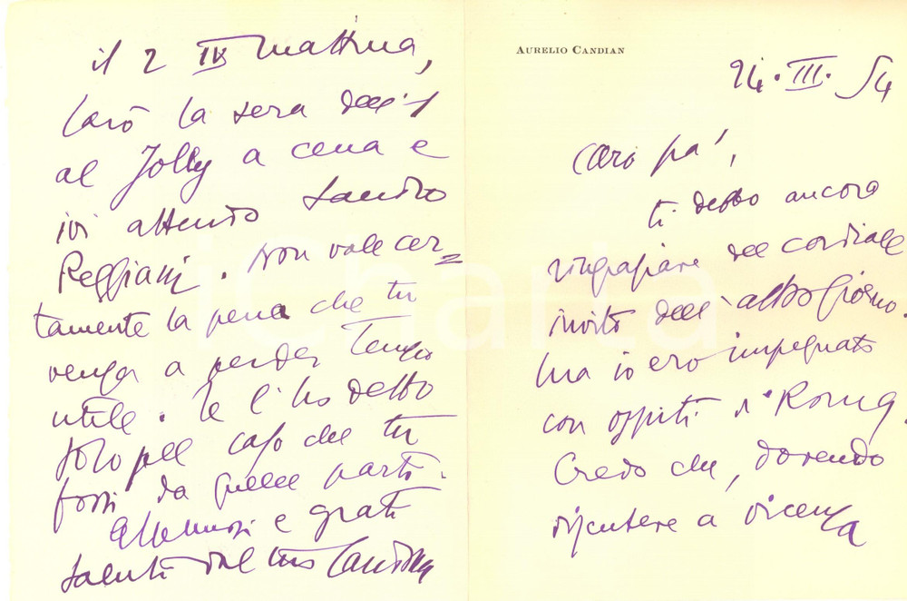 Autografo originale 1954 MILANO Lettera Aurelio CANDIAN in trasferta  Autografo 1