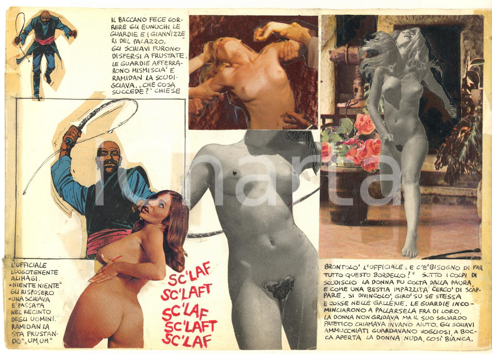 Stampa, bozzetto originale 1970 ca ITALIA  CULTURA POP  EROTISMO BDSM Spanking  Collage 24x17 cm 1