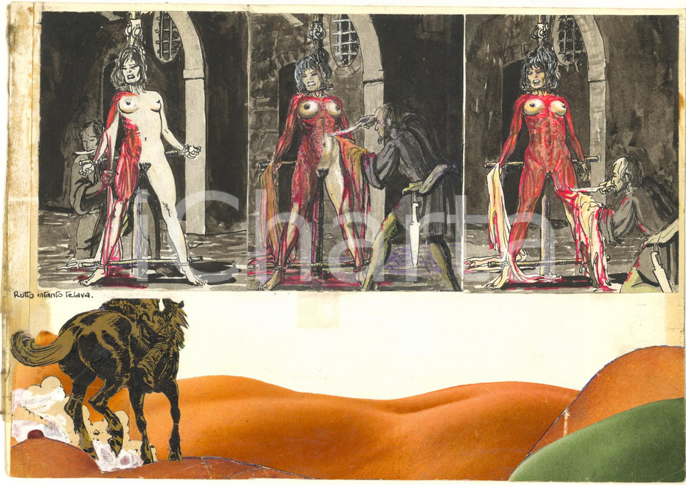 Stampa, bozzetto originale 1970 ca ITALIA  CULTURA POP  EROTISMO BDSM  Nude woman  Collage 24x17 3 1