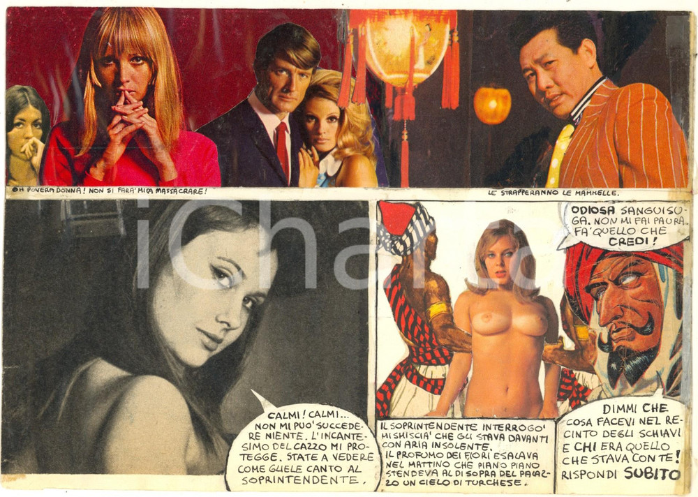 Stampa, bozzetto originale 1970 ca ITALIA  CULTURA POP  EROTISMO  Nude woman captured 2 Collage 24x17 1