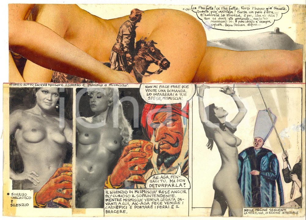 Stampa, bozzetto originale 1970 ca ITALIA  CULTURA POP  EROTISMO  Nude woman captured 3 Collage 24x17 1
