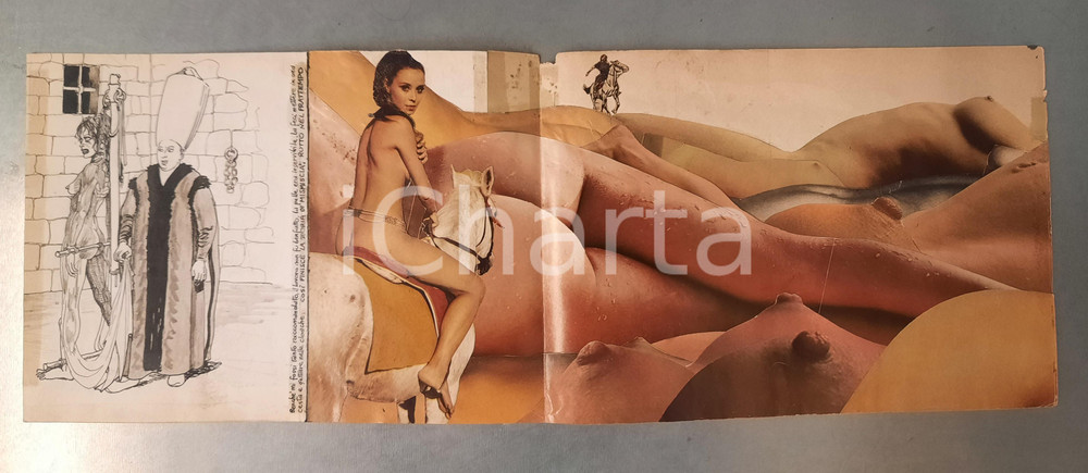 Stampa, bozzetto originale 1970 ca ITALIA  CULTURA POP  EROTISMO  BDSM  Nude woman on horse Collage 1