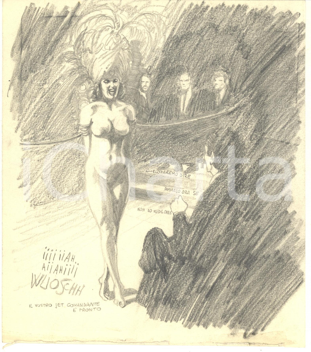 Stampa, bozzetto originale 1970 ca EROTICA VINTAGE Interrogatorio di una donna nuda Bozzetto a matita 1