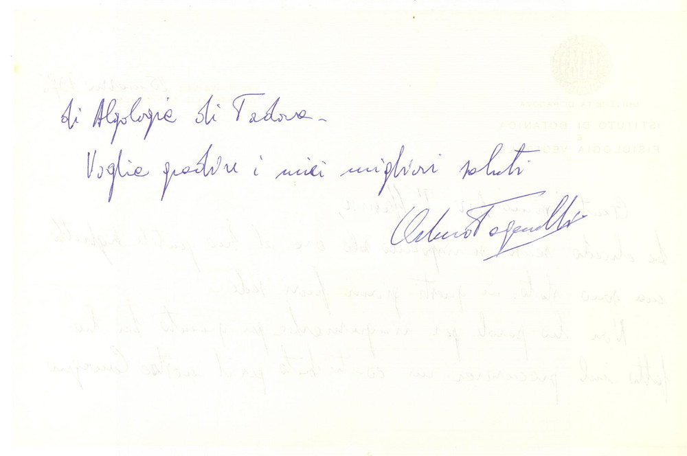 Autografo originale 1976 PADOVA Lettera Arturo PAGANELLI  Istituto di Botanica  Autografo 1