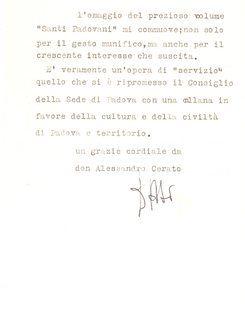 Autografo originale 1976 MONTEMERLO Lettera don Alessandro CERATO per libro ricevuto  Autografo 1