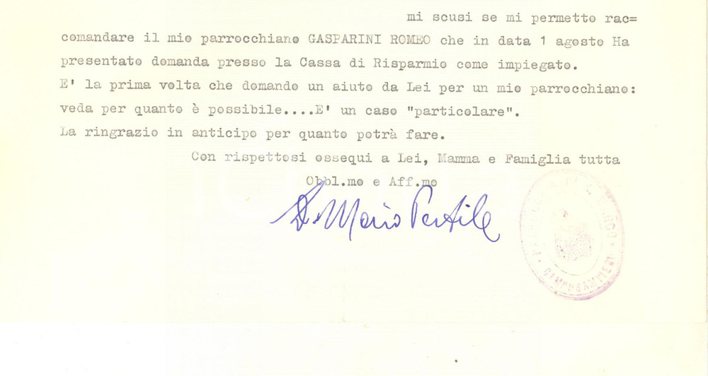 Autografo originale 1975 CAMPOSAMPIERO Lettera don Mario PERTILE  Parrocchia S. Marco  Autografo 1