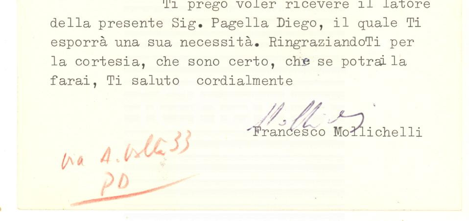 Autografo originale 1975 ROMA Francesco MOLLICHELLI  Padovani nel mondo Autografo 1