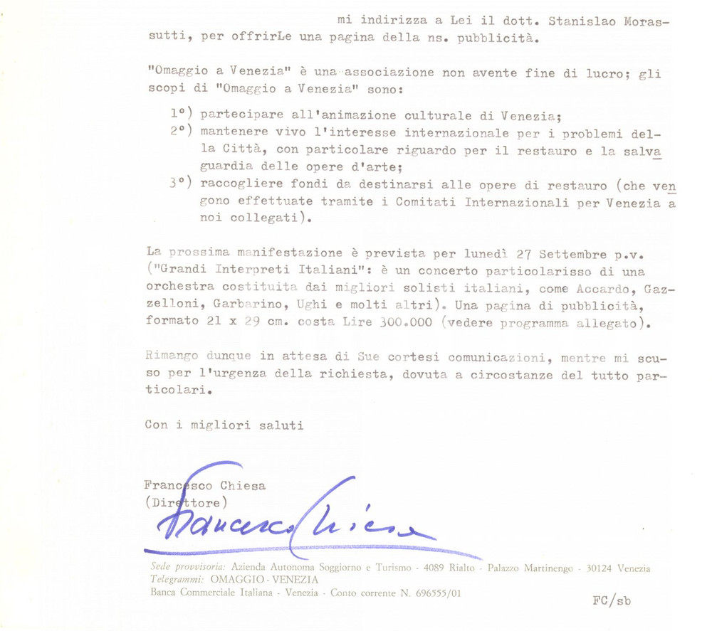 Autografo originale 1976 VENEZIA Francesco CHIESA direttore Festival Musica Classica  AUTOGRAFO 1