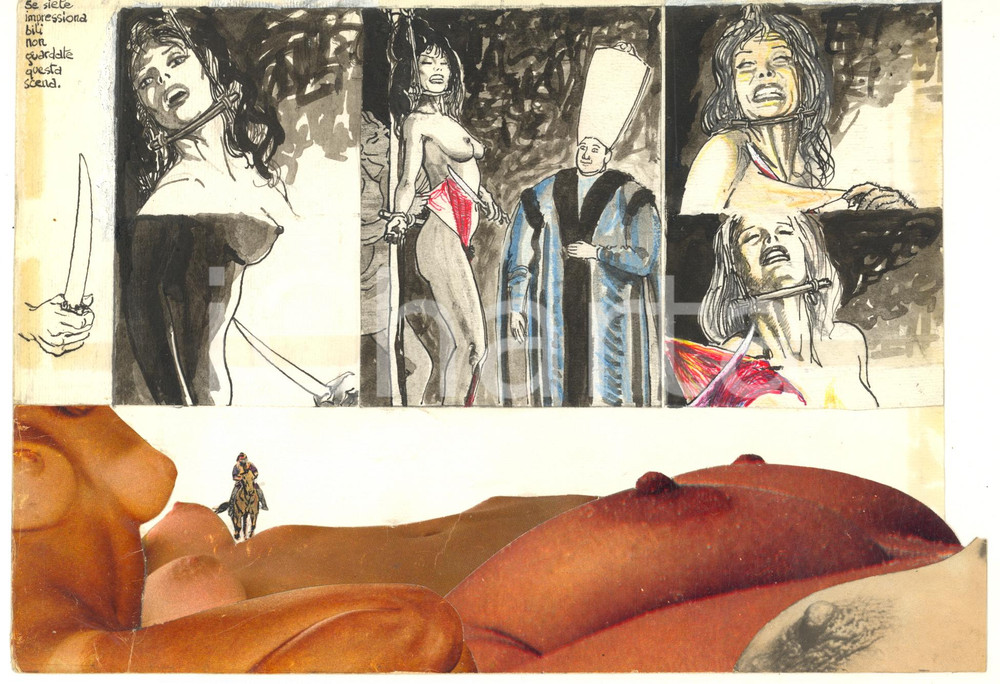 Stampa, bozzetto originale 1970 ca ITALIA  CULTURA POP  EROTISMO BDSM  Nude woman  Collage 24x17 4 1