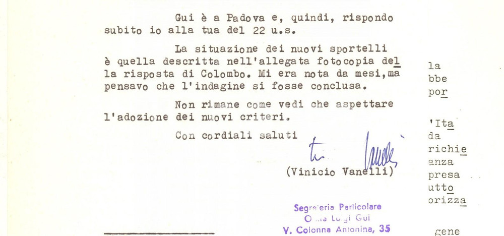 Autografo originale 1976 ROMA Lettera Vinicio VANELLI su sportelli Cassa di Risparmio  Autografo 1