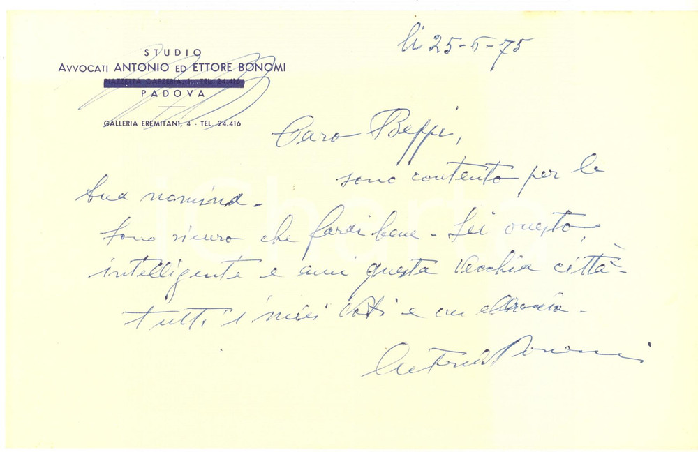 Autografo originale 1975 PADOVA Lettera Antonio BONOMI avvocato  Auguri Autografo 1