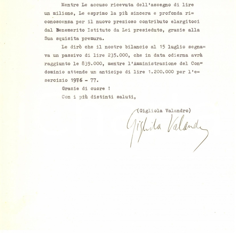 Autografo originale 1976 PADOVA Lettera Gigliola VALANDRO  Protezione della Giovane Autografo 1