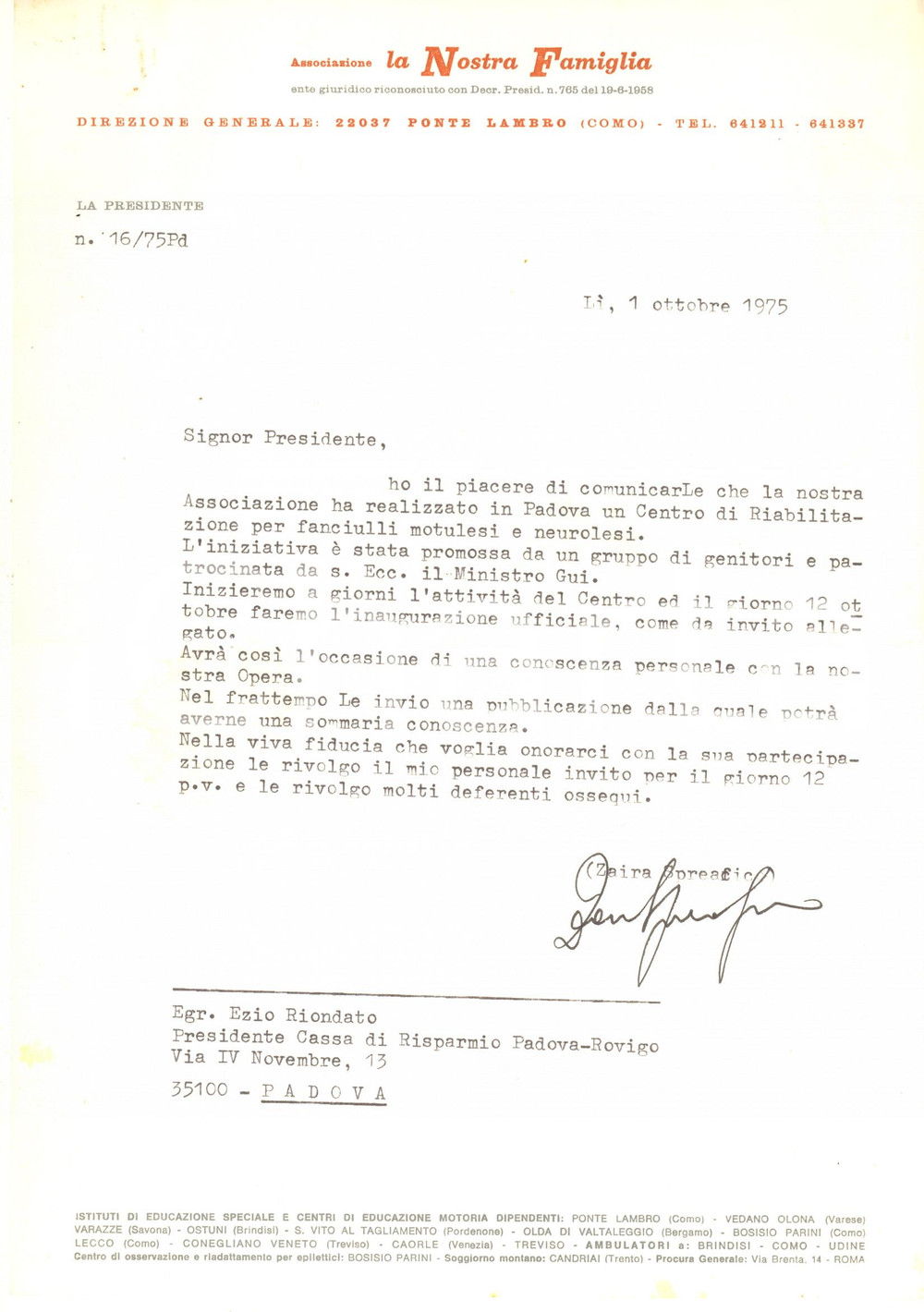 Autografo originale 1975 PONTE LAMBRO Lettera Zaira SPREAFICO  La nostra famiglia Autografo 1