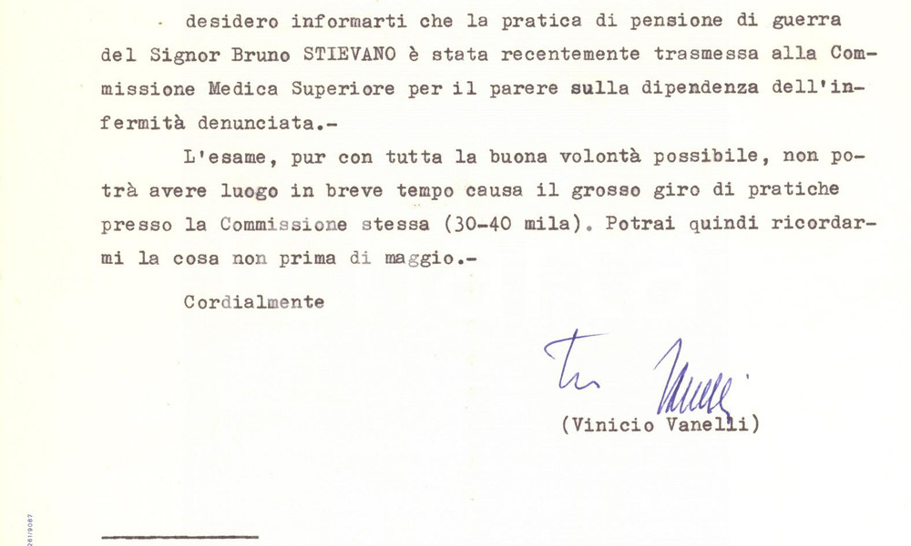 Autografo originale 1976 ROMA Lettera Vinicio VANELLI per pensione di guerra  Autografo 1