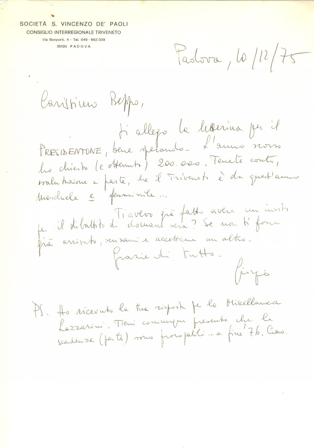 Autografo originale 1975 PADOVA Lettera Giorgio RONCONI  SocietÃ  S. VINCENZO DE  PAOLI Autografo 1