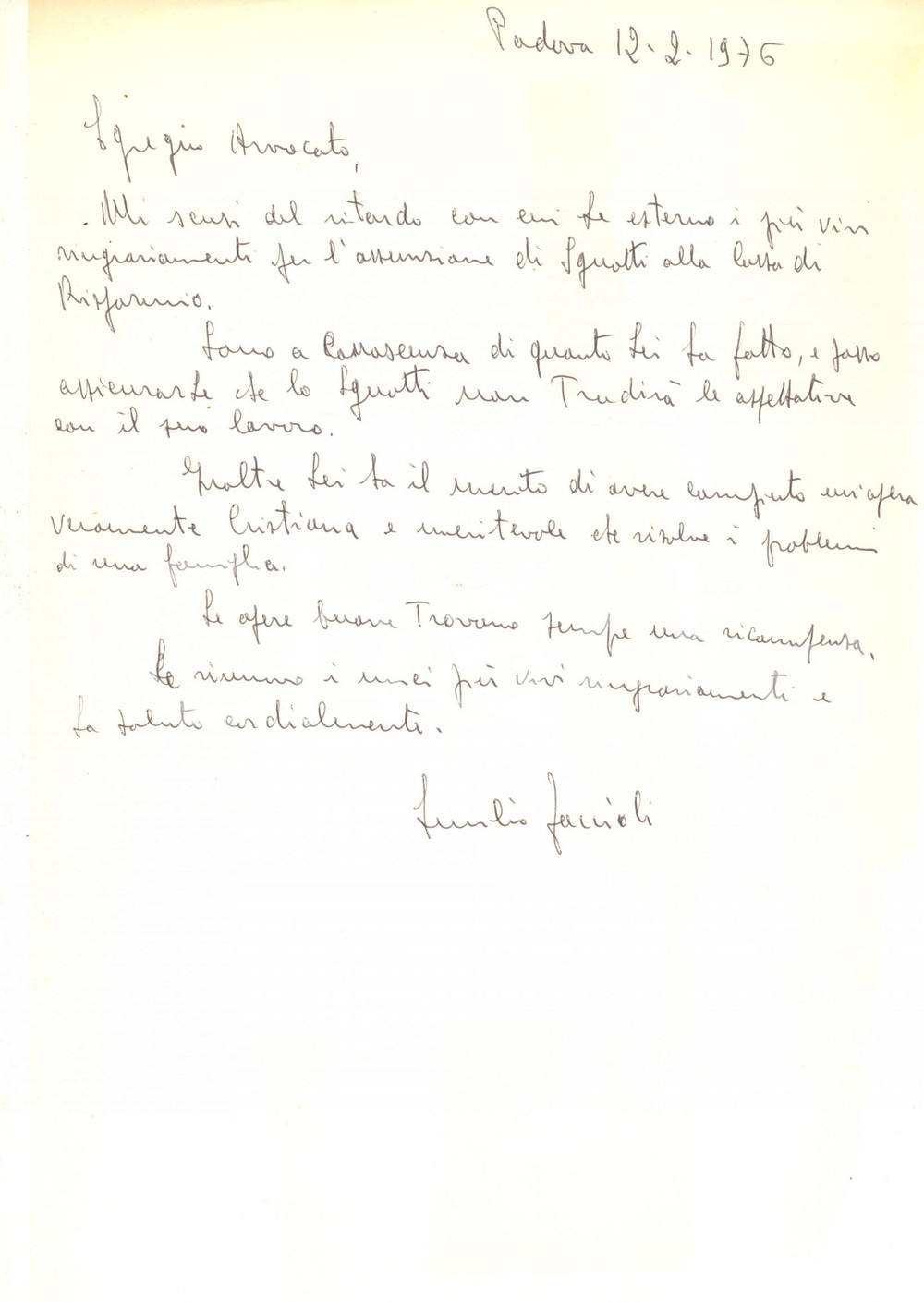 Autografo originale 1976 PADOVA Lettera Emilio FACCIOLI per ringraziamento Autografo 1