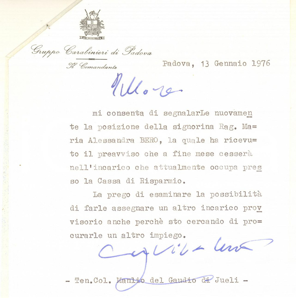 Autografo originale 1976 PADOVA Lettera Manlio DEL GAUDIO DI JUELI pro candidata Autografo 1