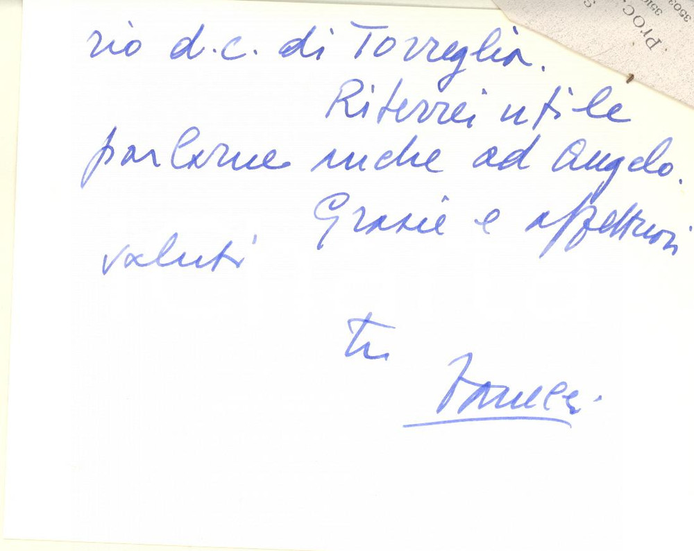 Autografo originale 1977 ROMA Biglietto Vinicio VANELLI segretario ministro Interno Autografo 1