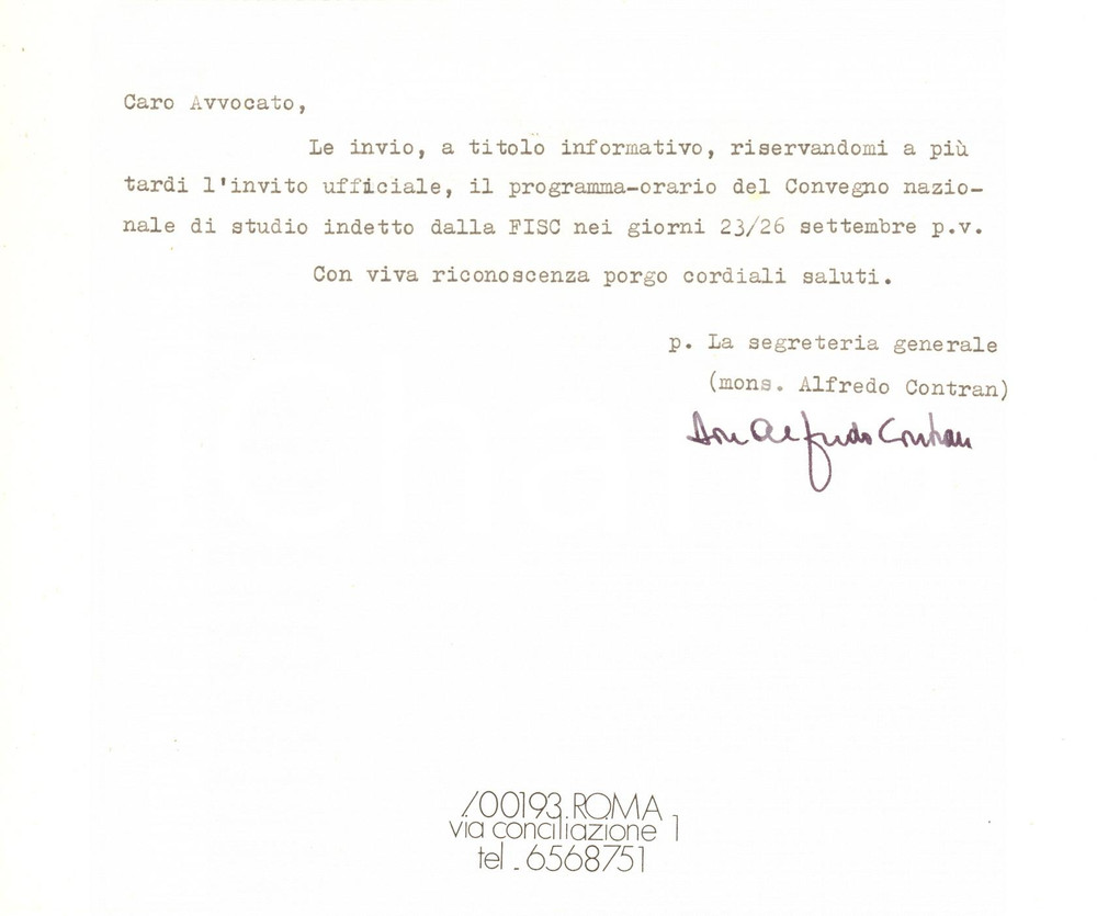 Autografo originale 1976 PADOVA Lettera don Alfredo CONTRAN  Convegno FISC  Autografo 1