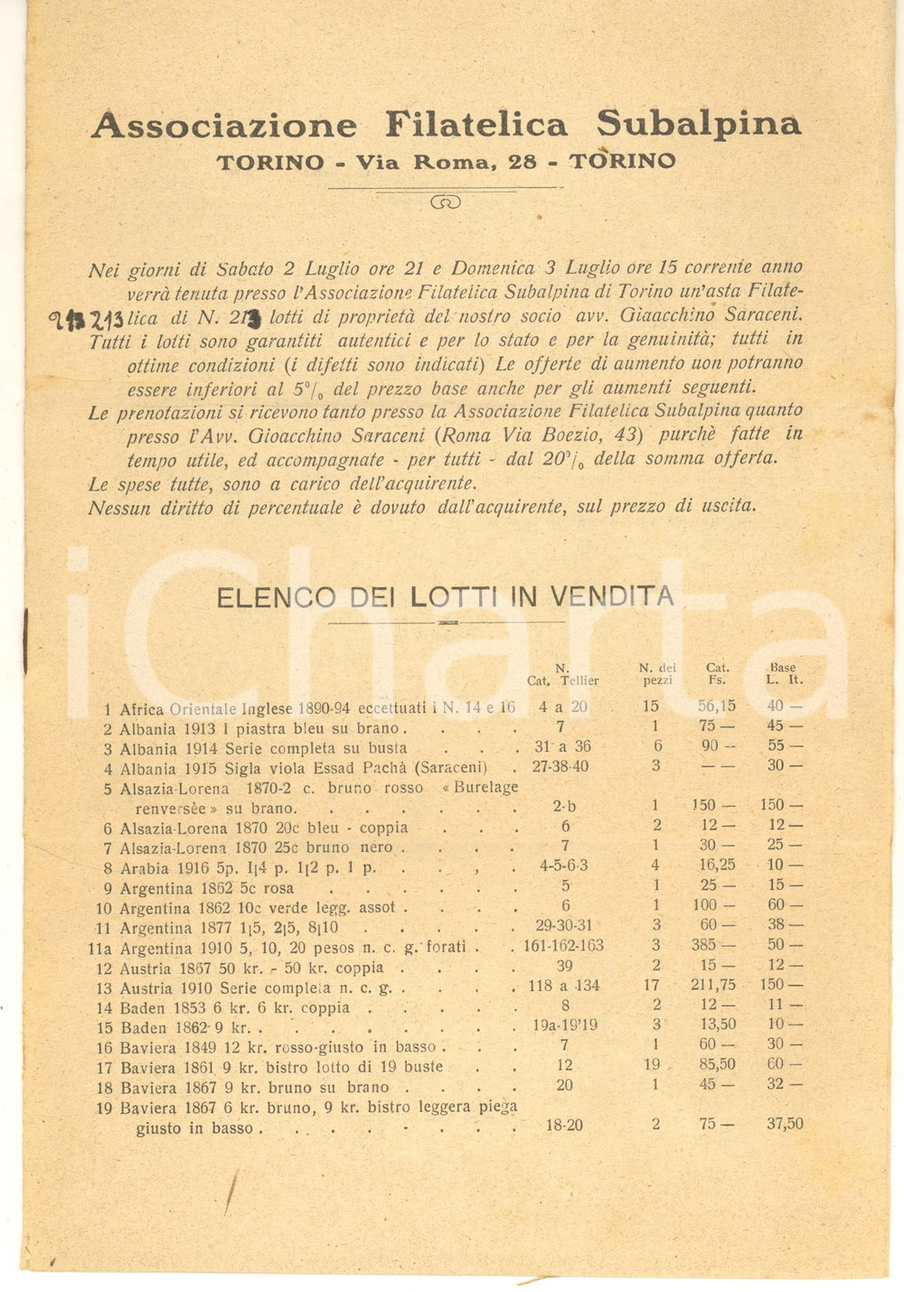 Autografo originale 1921 TORINO Associazione Filatelica Subalpina  Listino asta Gioacchino SARACENI 1