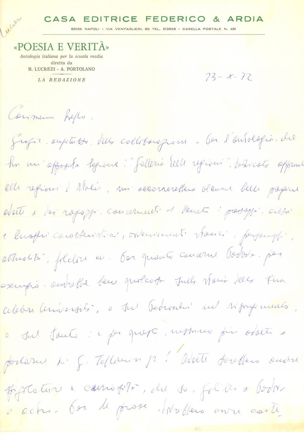 Autografo originale 1972 NAPOLI Lettera Bruno LUCREZI su antologia Poesia e verità   Autografo 1