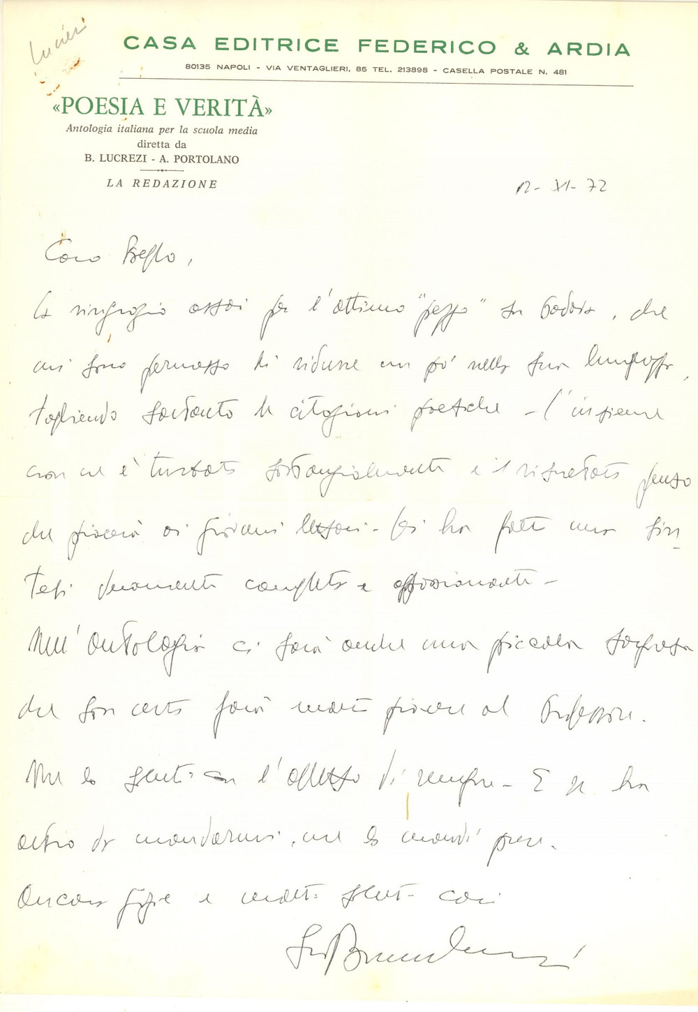 Autografo originale 1972 NAPOLI Lettera Bruno LUCREZI su redazione Poesia e veritÃ   Autografo 1
