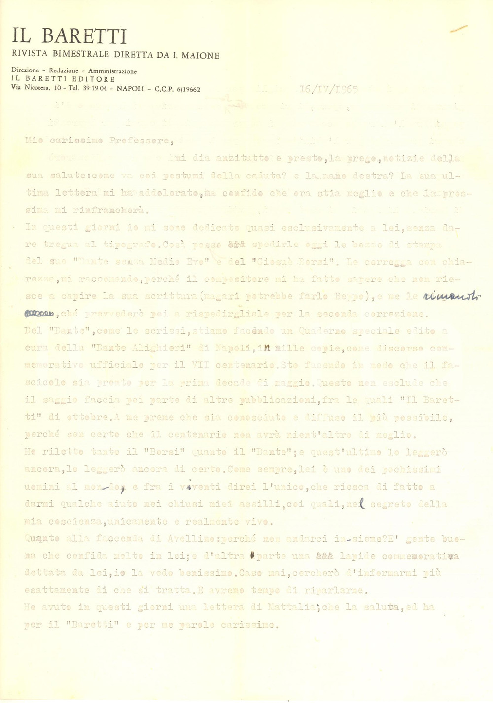 Autografo originale 1965 NAPOLI  IL BARETTI Lettera Bruno LUCREZI su bozze di un autore AUTOGRAFO 1
