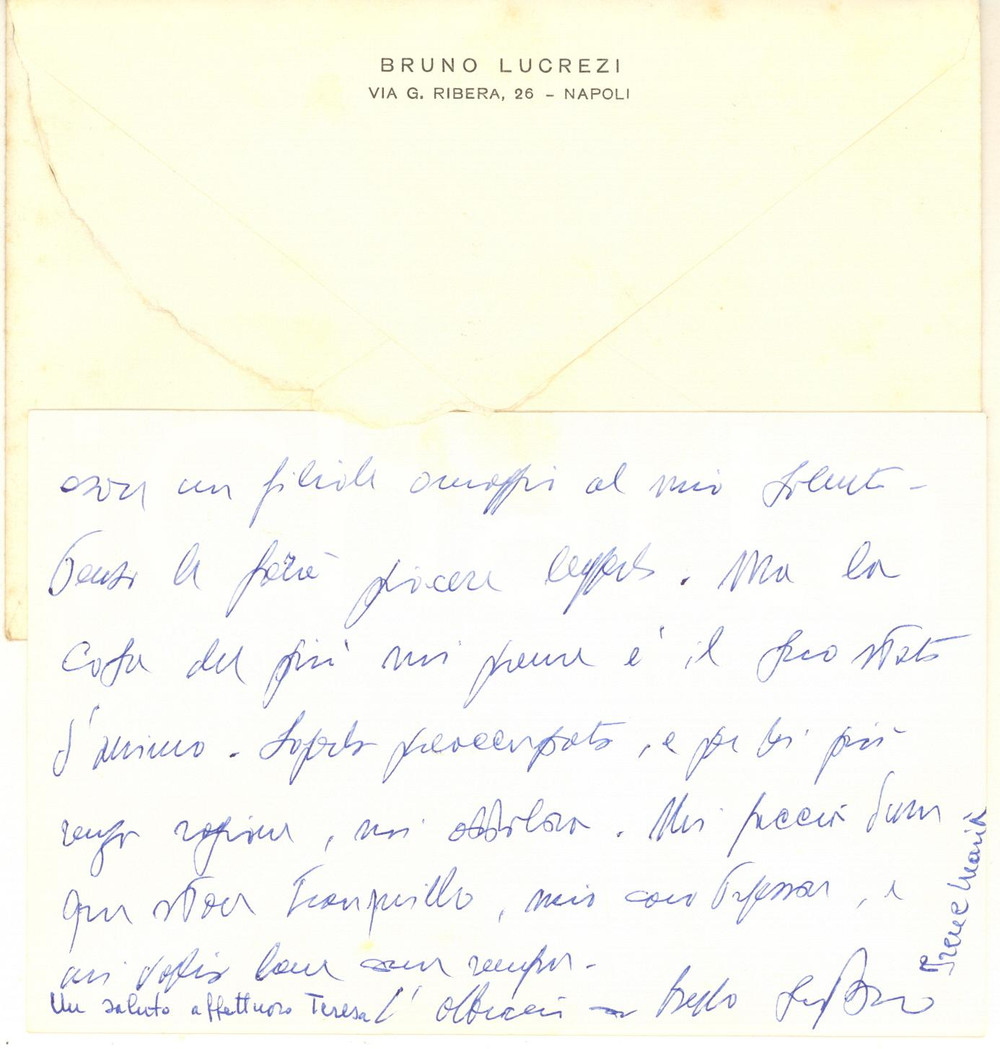 Autografo originale 1979 NAPOLI Biglietto Bruno LUCREZI per invio articolo  Autografo 1
