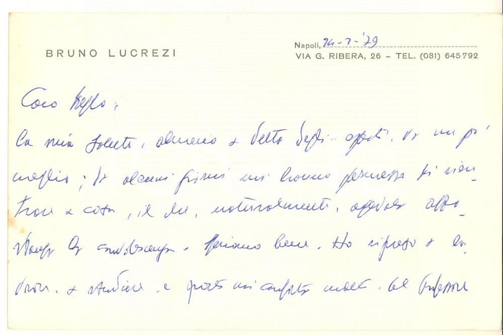 Autografo originale 1979 NAPOLI Bruno LUCREZI riprende i suoi studi  Biglietto AUTOGRAFO 1