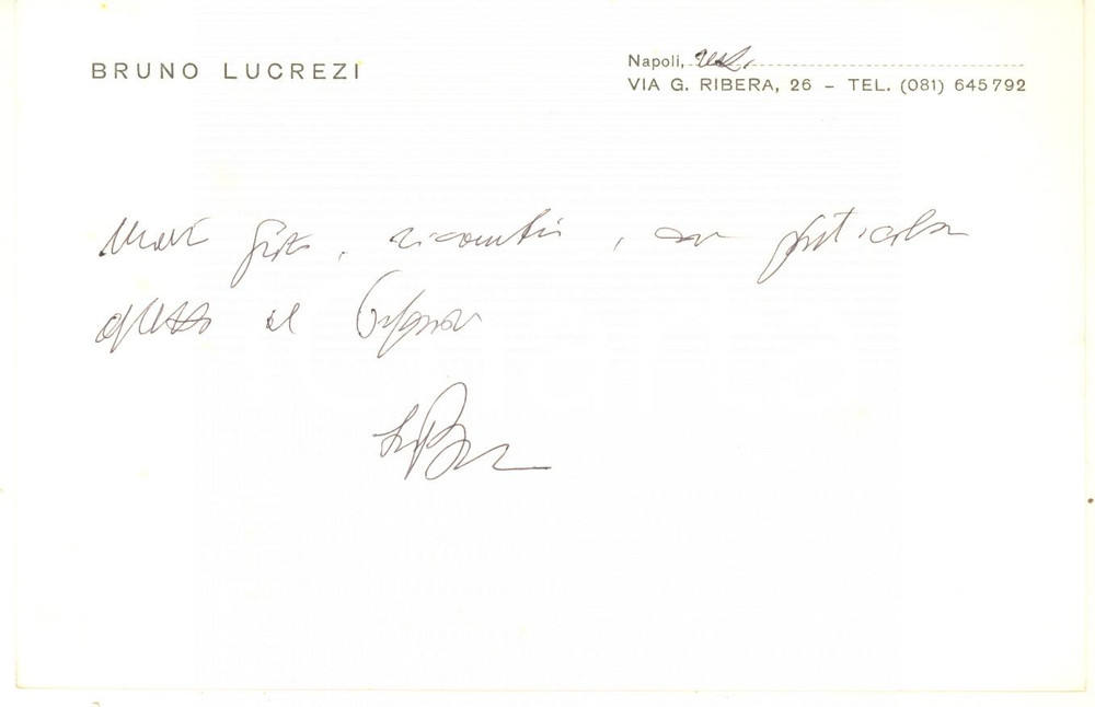 Autografo originale 1979 NAPOLI Biglietto Bruno LUCREZI per ringraziamenti  AUTOGRAFO 1