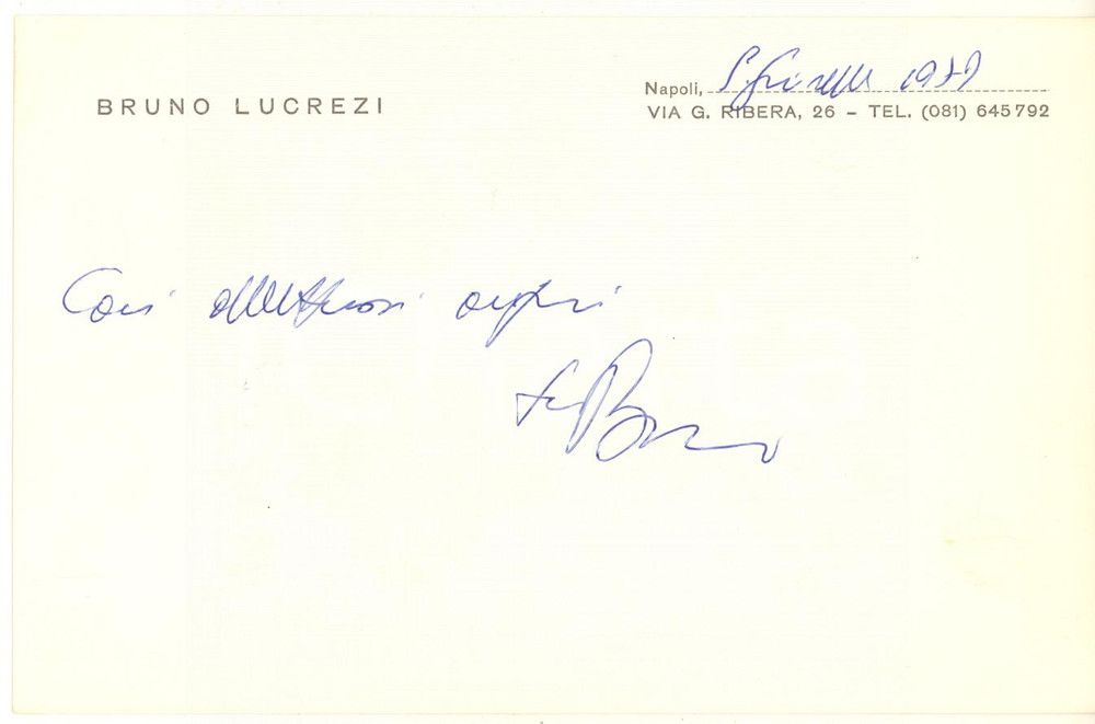 Autografo originale 1979 NAPOLI Biglietto Bruno LUCREZI per auguri  AUTOGRAFO 1