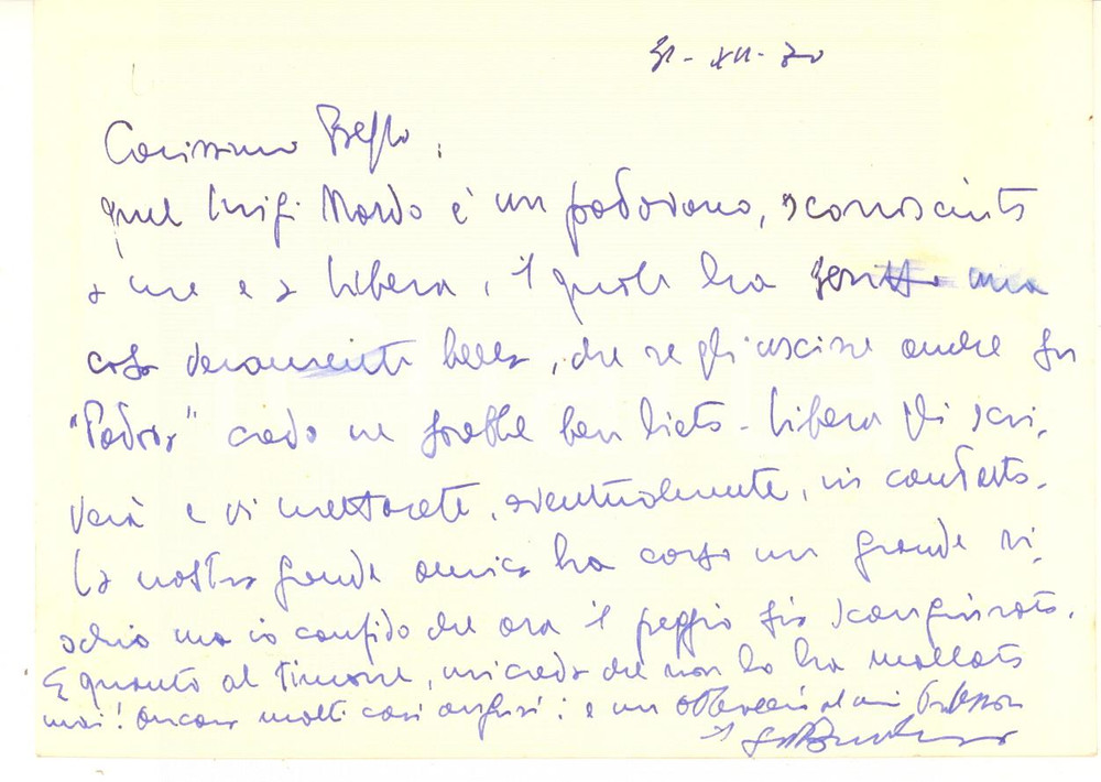 Autografo originale 1970 NAPOLI Biglietto Bruno LUCREZI per contatto con autore  AUTOGRAFO 1