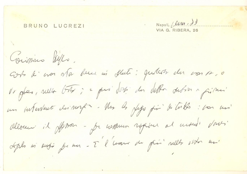 Autografo originale 1979 NAPOLI Biglietto Bruno LUCREZI a un collega  AUTOGRAFO 1