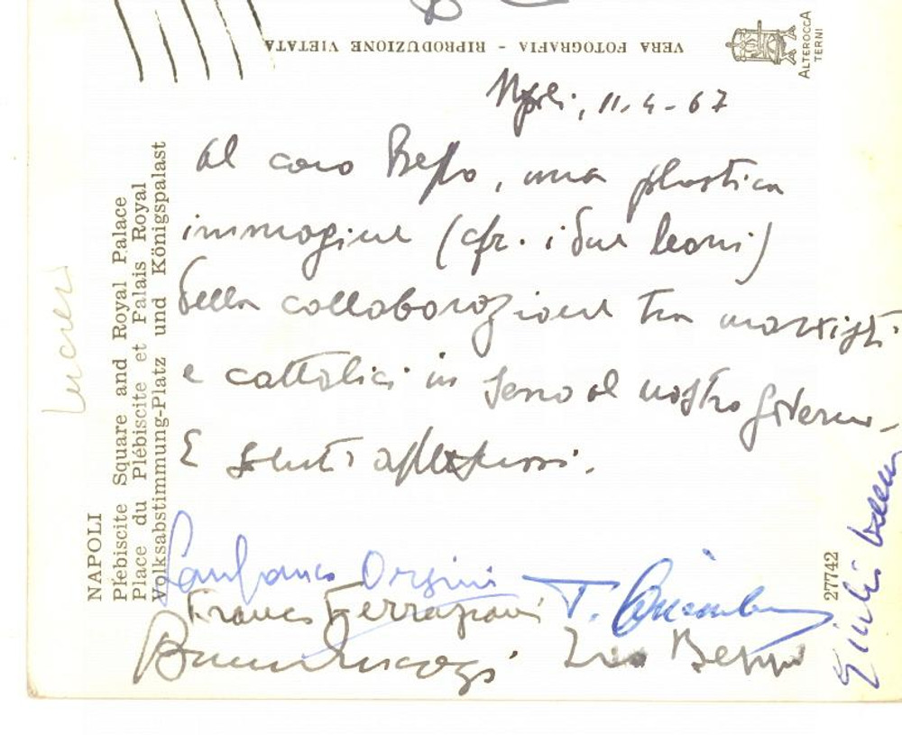 Autografo originale 1967 NAPOLI Cartolina Bruno LUCREZI Lanfranco ORSINI  AUTOGRAFI 1