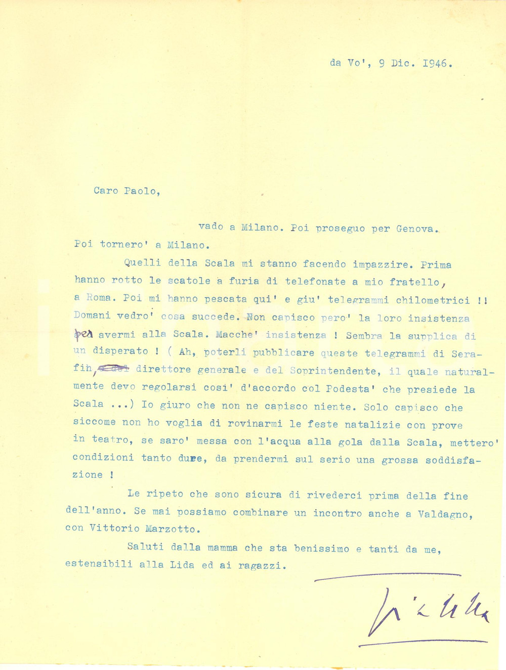 Autografo originale 1946 VO /AVIO Gianna PEDERZINI e l insistenza del Teatro alla Scala AUTOGRAFO 1