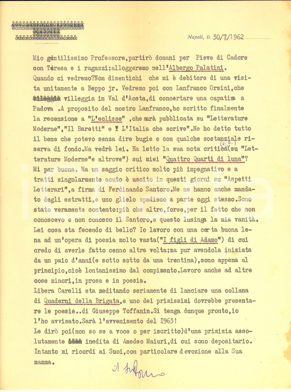Autografo originale 1962 NAPOLI Bruno LUCREZI al lavoro su I figli di Adamo  Autografo 1