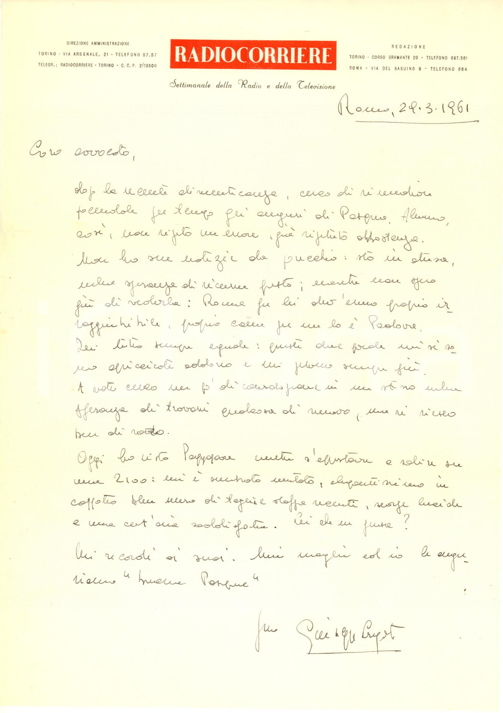 Autografo originale 1961 ROMA RADIOCORRIERE Lettera Giuseppe LUGATO per auguri  AUTOGRAFO 1