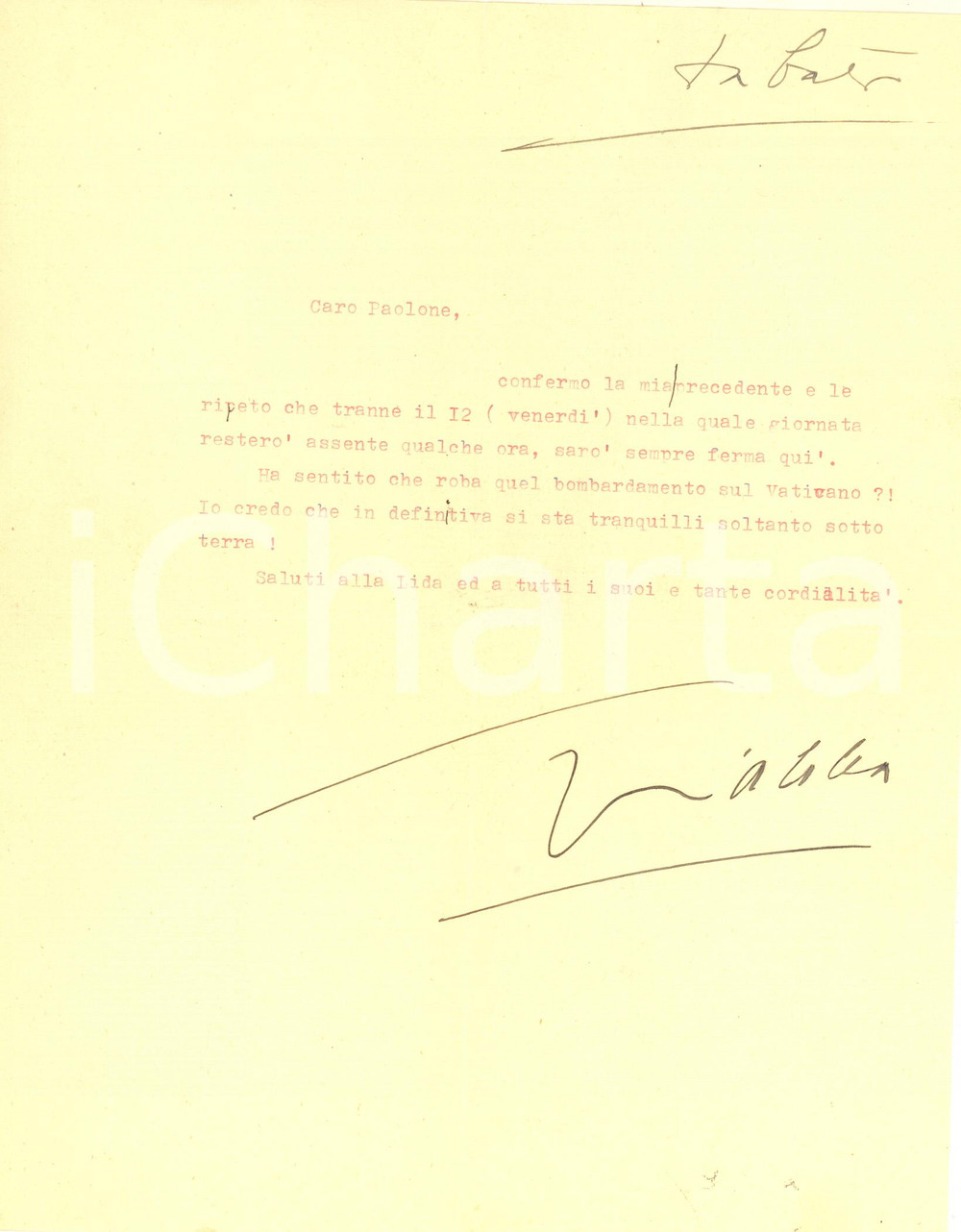 Autografo originale 1943 WW2 AVIO Gianna PEDERZINI Si sta tranquilli solo sotto terra AUTOGRAFO 1