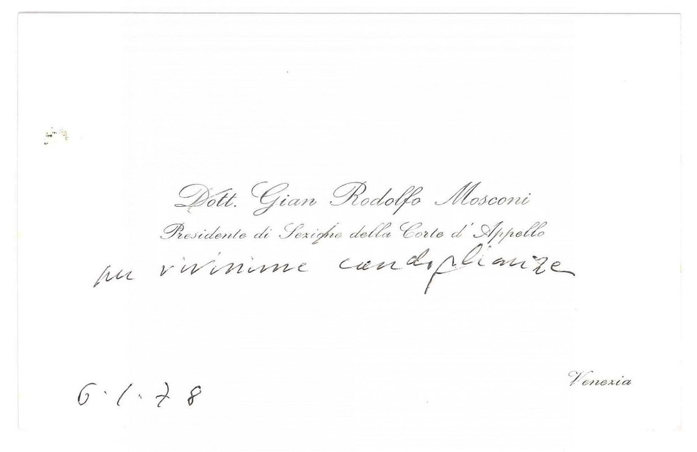 Autografo originale 1978 VENEZIA Corte di appello Gian Rodolfo MOSCONI Biglietto da visita AUTOGRAFO 1
