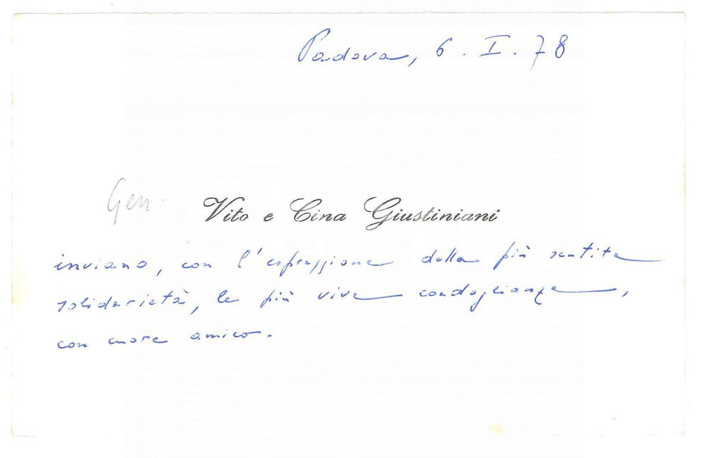 Autografo originale 1978 PADOVA Cina e Vito GIUSTINIANI Biglietto da visita AUTOGRAFO 13x8 cm 1